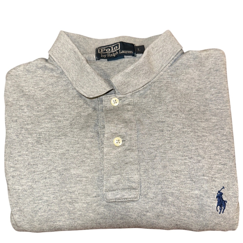 Polo Ralph Lauren Men Large Gray Long Sleeve Cotton Polo Shirt Navy Blue Pony
